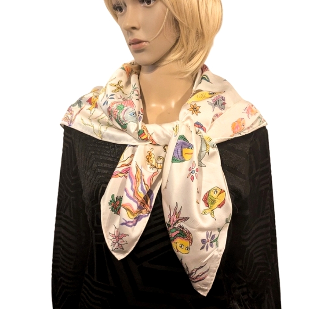 Hand painted signed silk/Satin scarf tropical fish one of a kind Original Spring - Picture 9 of 16